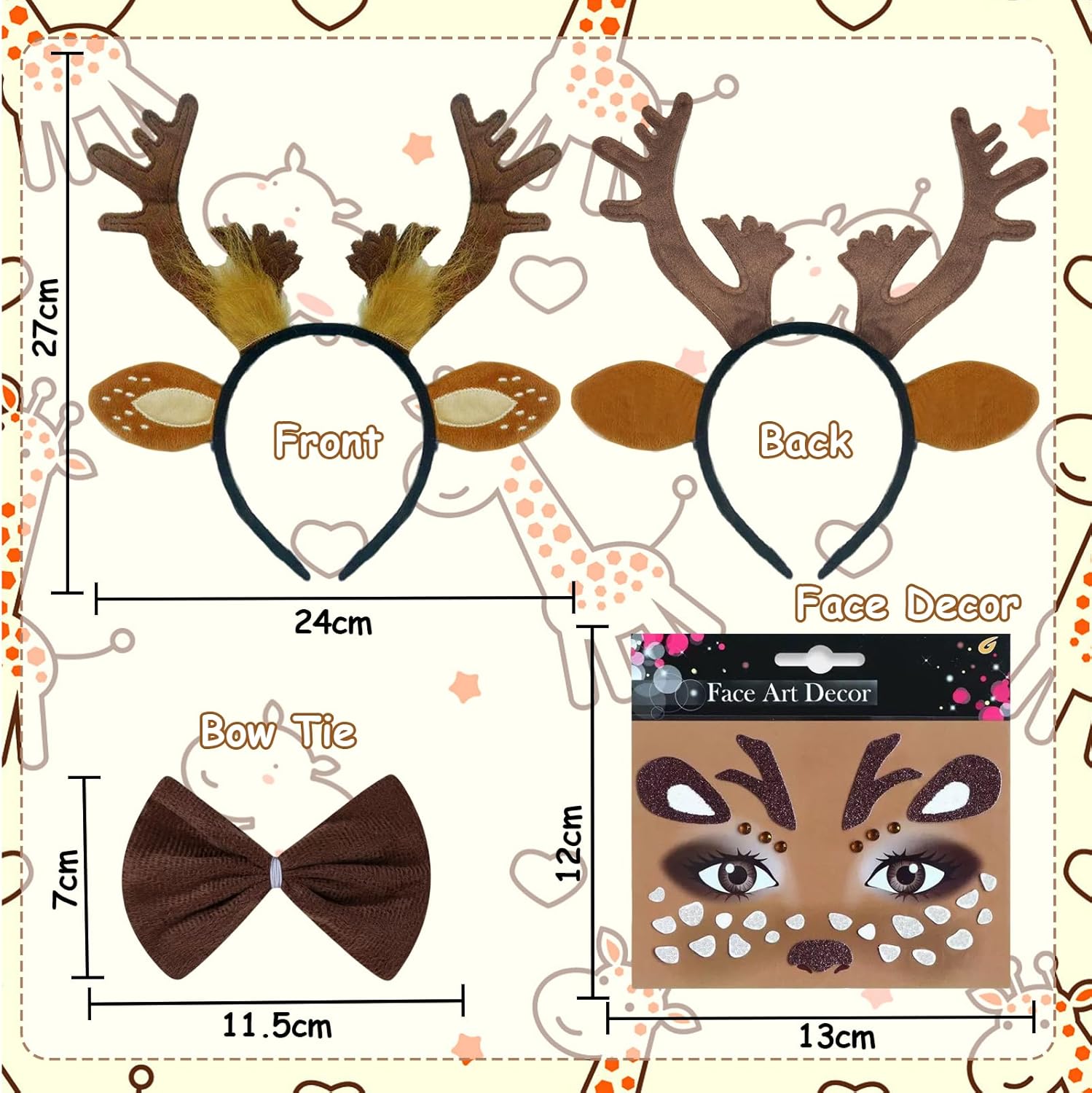 Reindeer Antlers Headband for Girls/Boy World Book Day, Include Adjustable Deer Ears Antlers Headband, Bow Tie, Dear Face Sticker Halloween Holiday Christmas Party Cosplay Family Photos Kids Costume