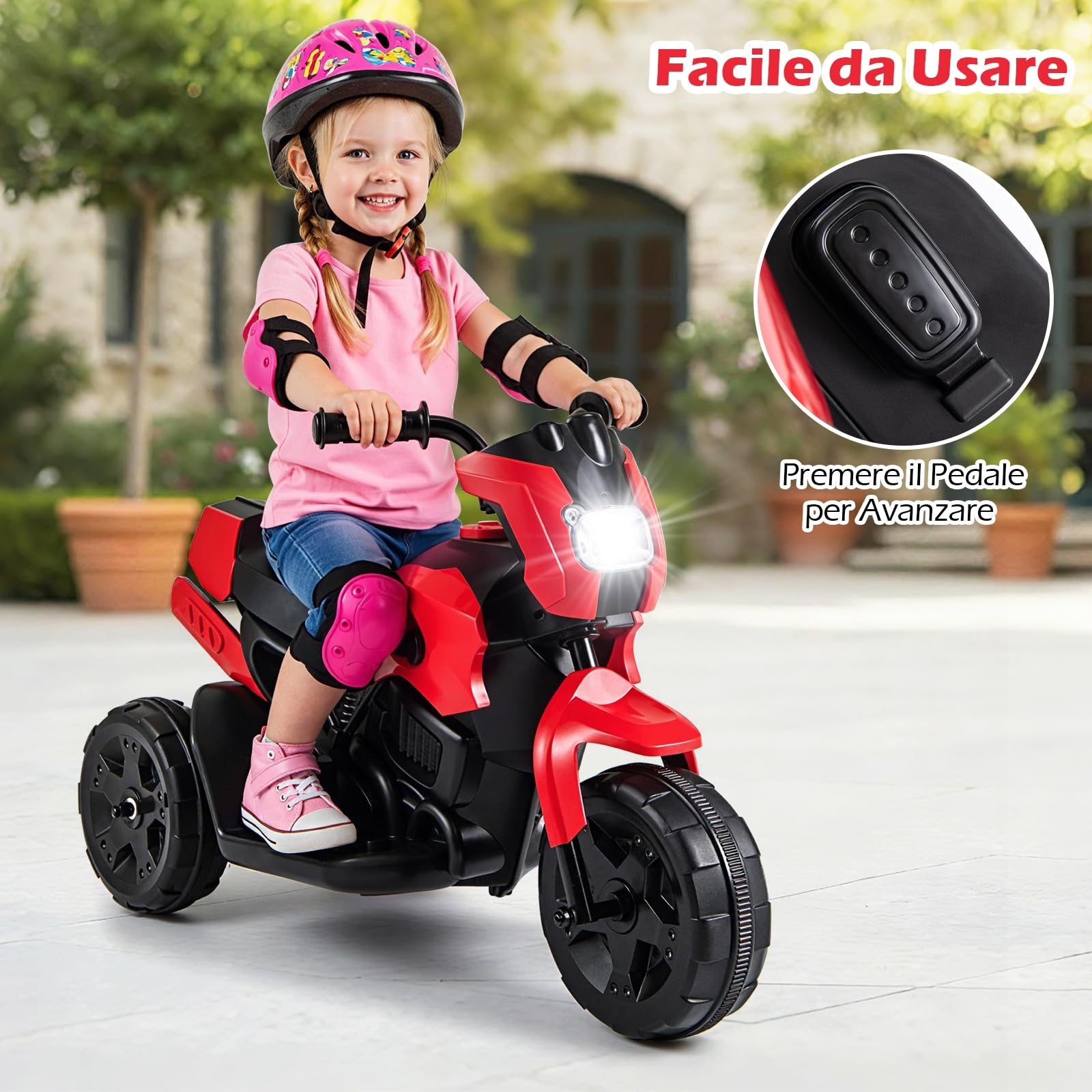 COSTWAY 6V Moto Elettrica per Bambini, Moto a 3 Ruote con Fari LED, Pedale a Piedi, Veicolo Elettrico a Batteria per Bambini 37-72 Mesi (Rosso)