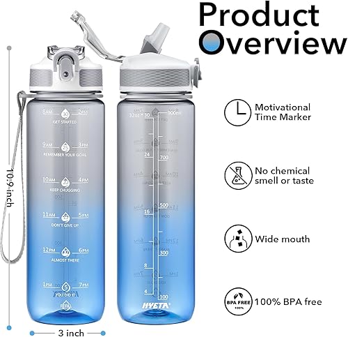 Miniatura 2 de Hyeta Botellas de agua de 32 onzas con popote, mantente motivado e hidratado con marcas de tiempos convenientes para beber, duraderas, a prueba de