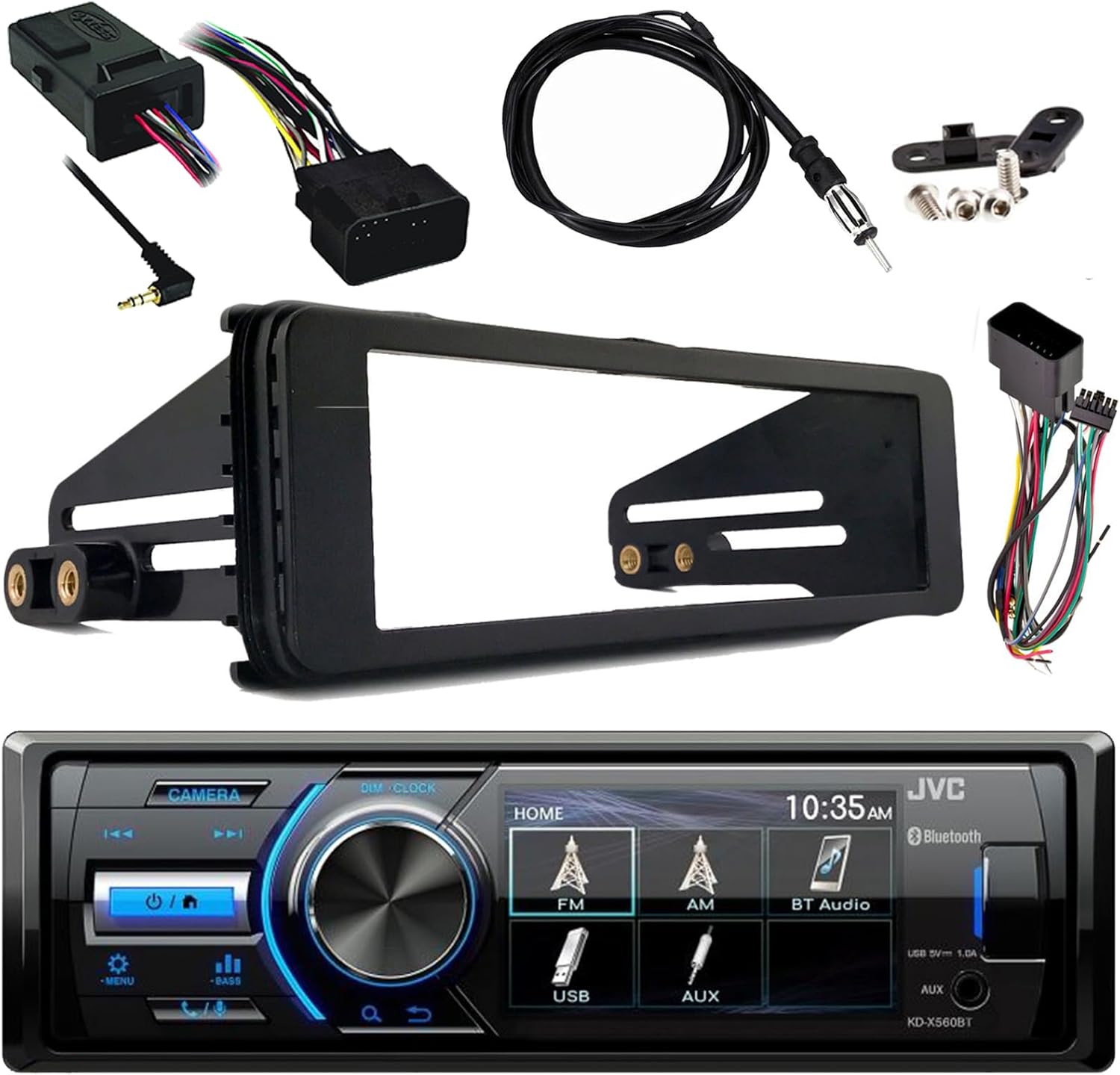 JVC in-Dash Motorsports Digital Media AM/FM Radio Bluetooth Receiver Bundle Combo with Stereo Install Kit, Handlebar Controls Interface, 40" Wire Antenna (Fits Select 98-2013 HD Models)
