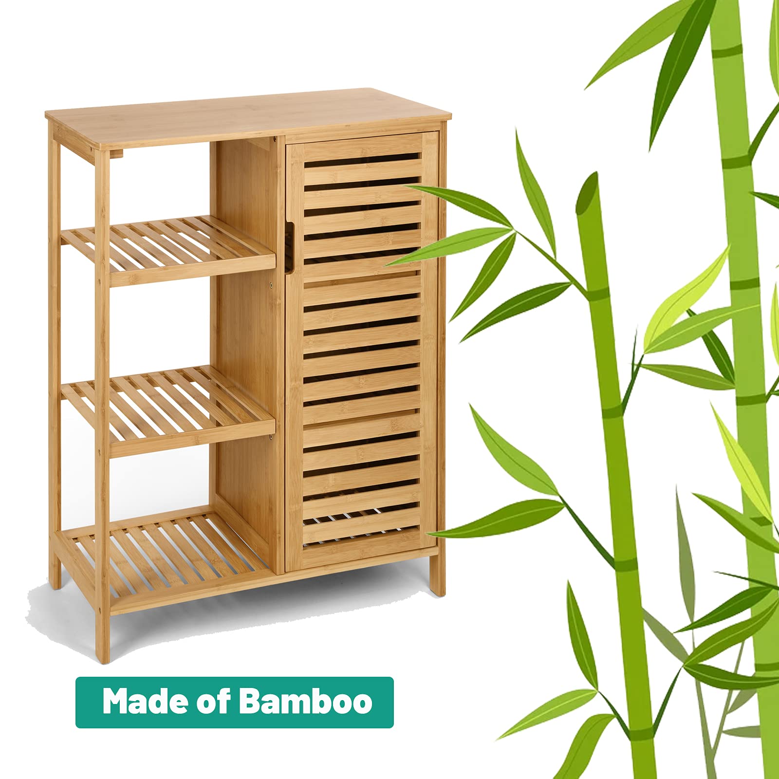 HYNAWIN Bamboo Bathroom Storage 3 Tier Shelves with Door, Free
