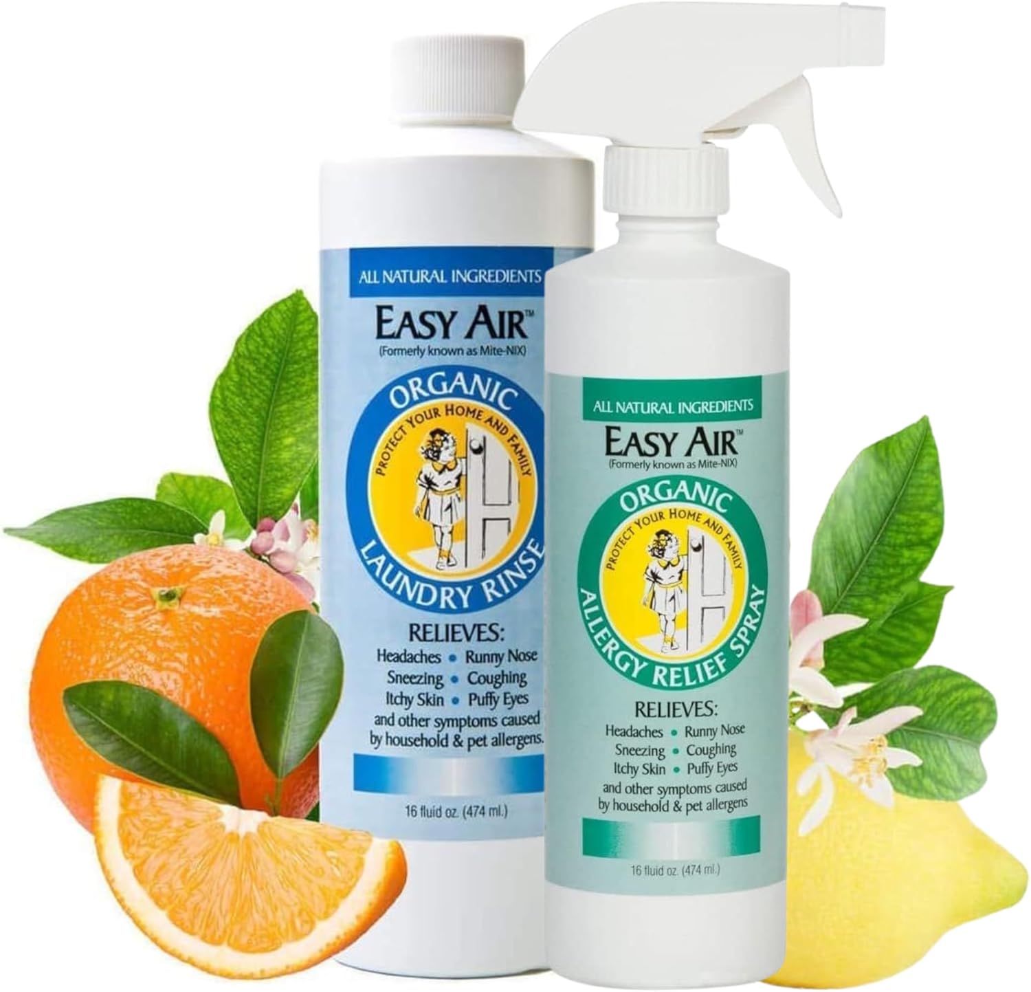 Easy Air Organic Allergy Relief Laundry Rinse & Allergy Relief Spray 16-oz, Hypoallergenic & Fragrance Free, Eliminate Odors. Asthma & Allergy Safe for Babies & Pets - Twin Pack