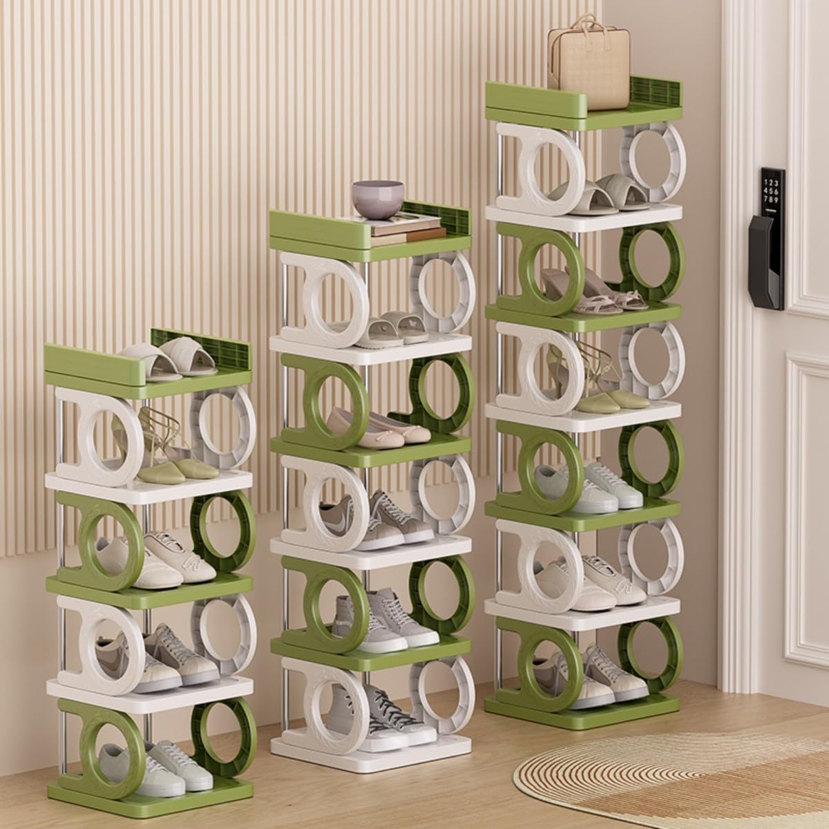 Multibao 10-Tier Shoe Rack Storage Shelf Adjustable Tall Space Saving Shoe Stand Home Footwear Stackable Organiser for Slim Narrow Space Closet Entryway Hallway (White & Green)