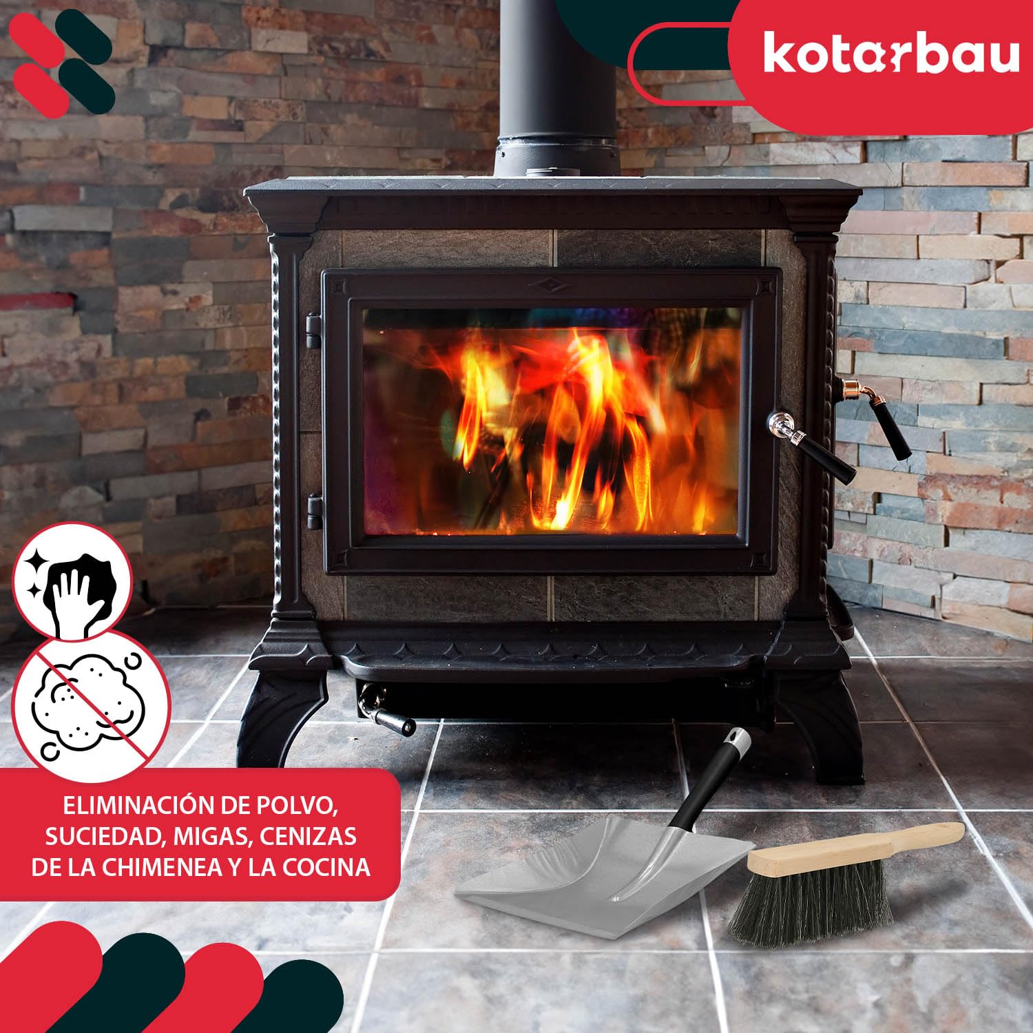 KOTARBAU® Pala y Cepillo Mano - Conjunto de Recogedor y Escobilla - Acero Galvanizado - Escoba de Mano - Madera - Pala para Brasas - Kit Recogedor y Cepillo Manual