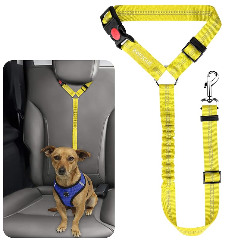 Cinto de Segurança para Cães BWOGUE com Guia Elástica de Nylon para Encosto de Cabeça, Amarelo, 1 unidade