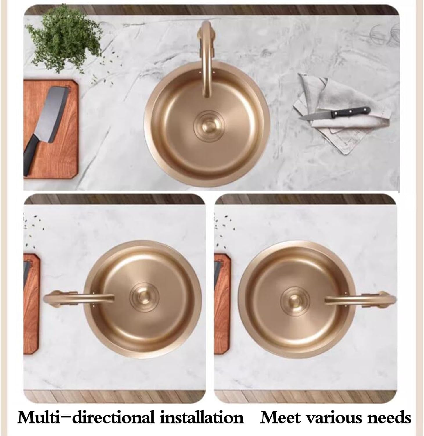 Kitchen Coffee Shop Studio Restaurant Bar Sink Beautiful Golden Stainless Steel Round Sink Embedded Siphon Sink RV Kitchen Small Sink Sinks (Color : Gold, Size : 36 * 36 * 18cm) (G