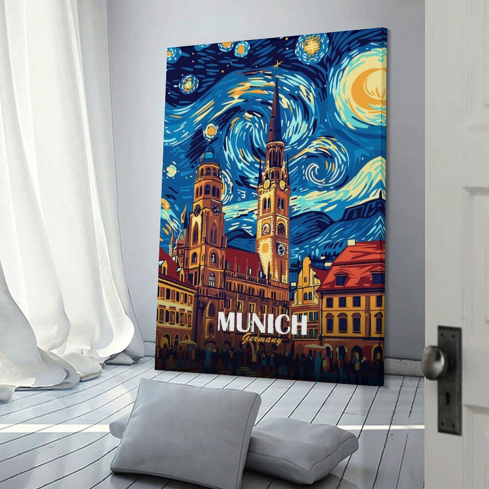 Junmoney Munich Germany Cityscape Starry Night Style Home Decor Wall Art 20x30inch(50x75cm), for Small Homes, Bedrooms Or Open Spaces, An Easy Choice for New Home Styling