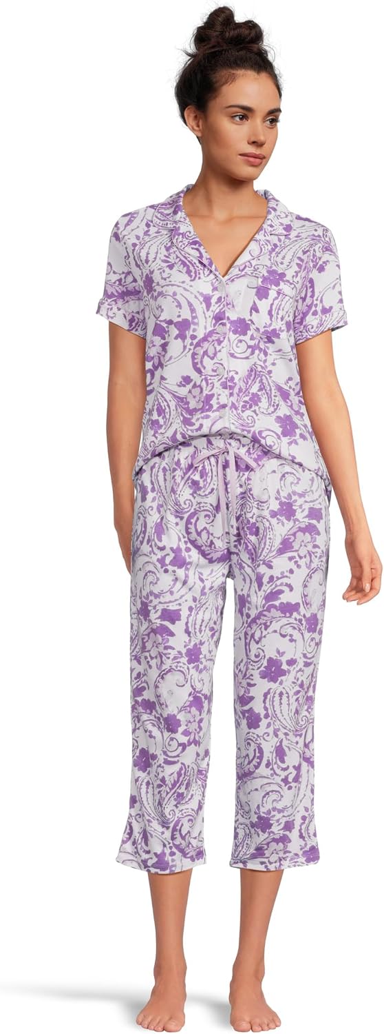 Karen Neuburger Women's Girlfriend Short Sleeve Notch Collar Button Up Top and Capri Pant Bottom 2-piece Pajama Set