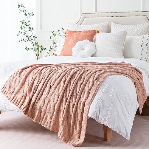 Miniatura 8 de Battilo Manta de punto trenzado rubor para sofá cama, manta de punto acrílico, manta suave y acogedora, 50 x 60 pulgadas