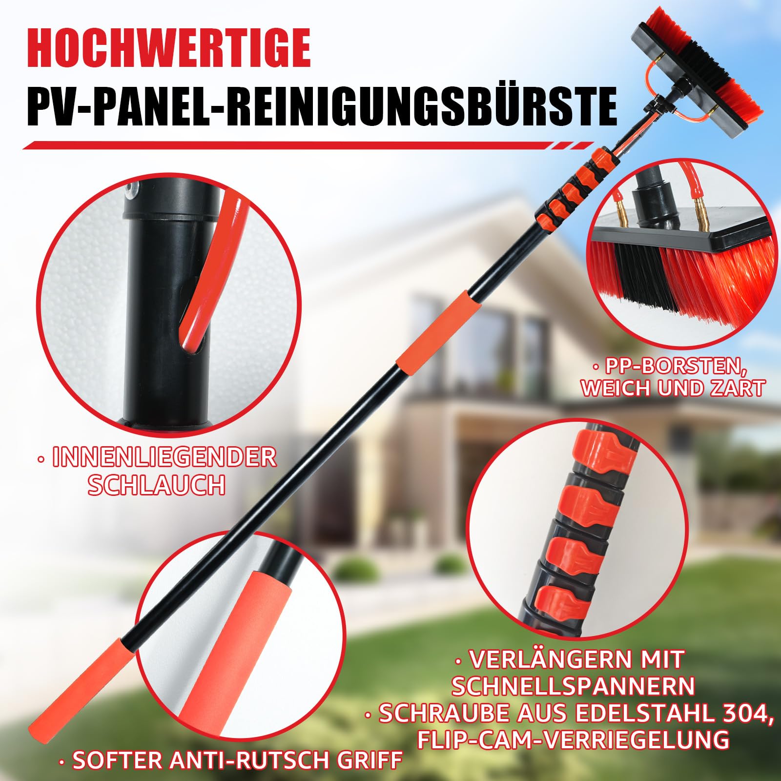 XDOVET Cepillo de lavado telescópico de 7,2 metros, cepillo de lavado con mango telescópico, extensible, limpieza del techo de terraza, set de limpieza para jardín de invierno, cepillo de limpieza de