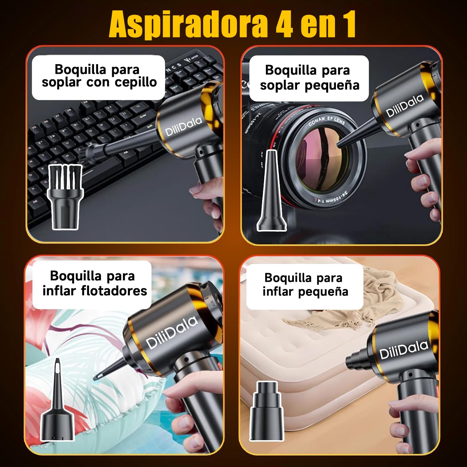 DiliDala Aspirador de Mano, 28000PA Aspiradora de Coche, 4 en 1 Aspirador Coche con Motor Sin Escobillas, 3 Niveles, Mini Aspiradora Sin Cable para Pelo de Mascotas, Coche, Hogar — view 4
