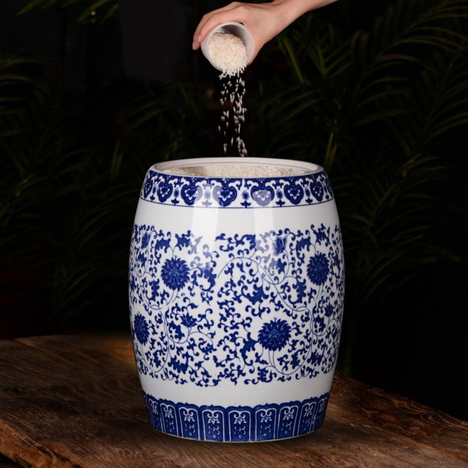 Porcelana Azul Y Blanca Tarro De Arroz De Cerámica Cubo De Arroz Hermético Con Tapa Dispensador De Granos De Arcilla De Caolín Regalo De Inauguración(D,15kg)
