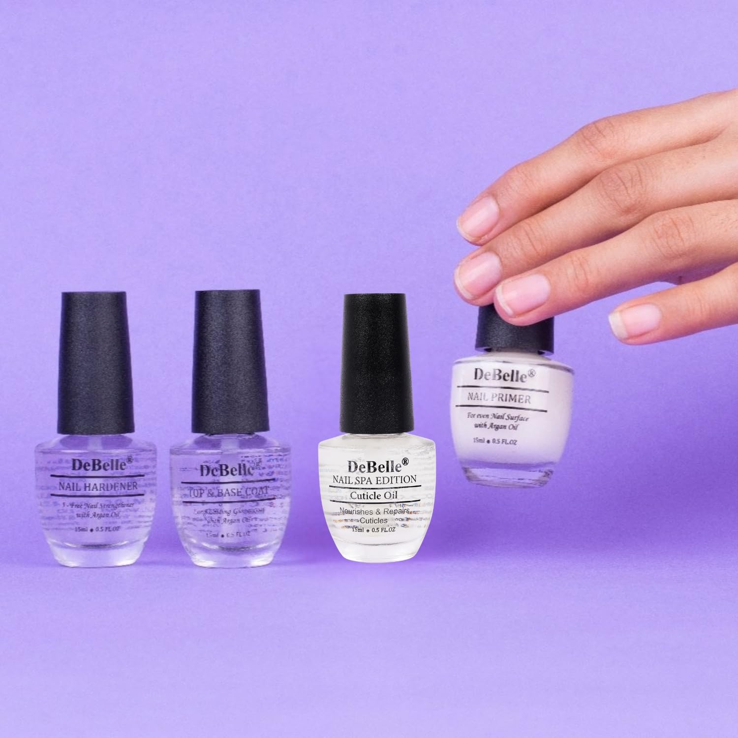 DeBelle combo of 4 Nail Care Set Nail Polish Transparent| Enriched with Argan Oil | (Top & Base Coat)(Nail Hardener) (Shiny Nail Primer) (45 ML)(15 ML each) Matte Top Coat 8ml-image-3