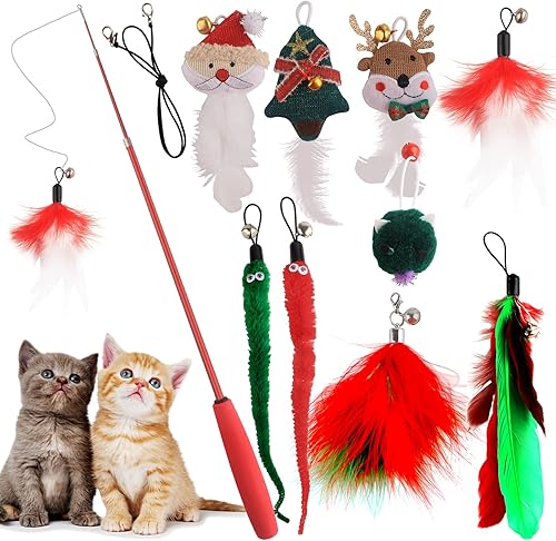 HOSUKKO 10 juguetes para gatos de Navidad, juguetes interactivos de plumas para gatos de interior, juguetes de plumas reemplazables para gatitos con