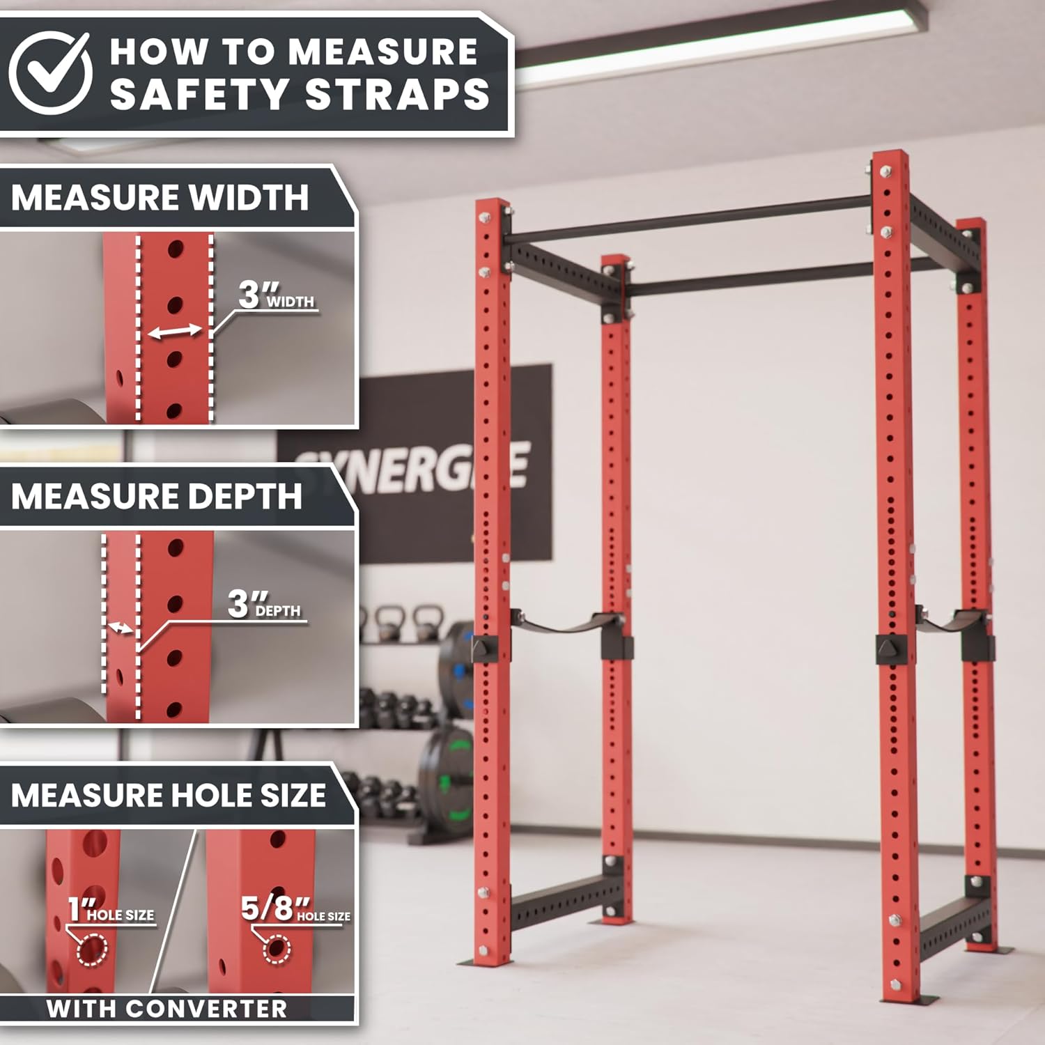 Synergee Safety Straps for Power Racks – Barbell Catch Straps with Quick-Mount Brackets & 5/8"-1" Hole Converters – 750 lb Capacity – Fits 2x2, 2x3 & 3x3 Racks