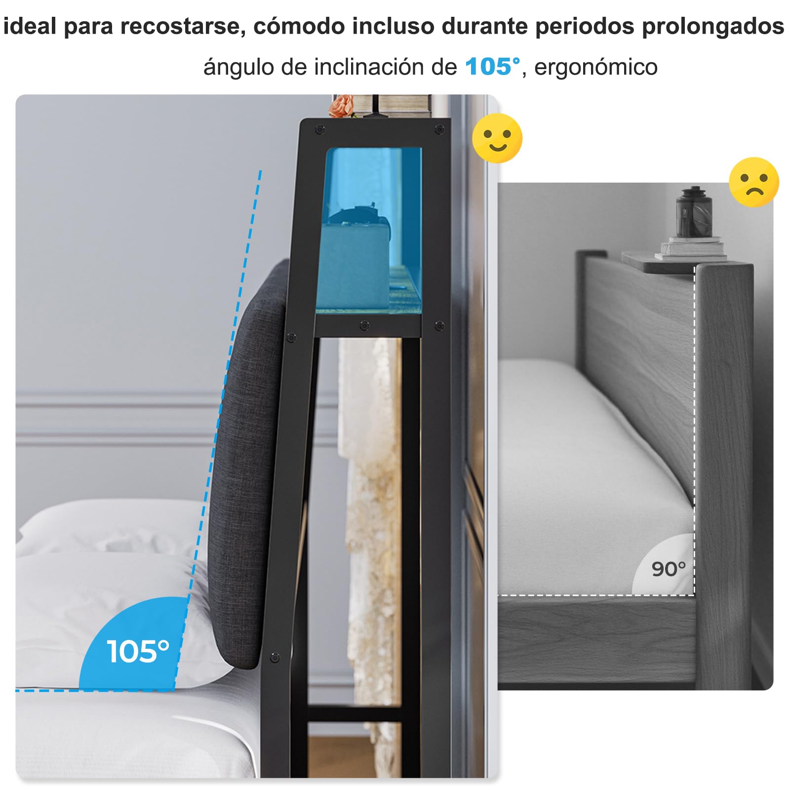 Brinlawb Cama 90x200 cm con regleta de enchufes integrada (2 Tomas de Corriente AC y 2 Puertos USB) Tira de luz LED, Somier 90 x 200 cm, Cama Individual con Estructura de Metal y cabecero. Gris