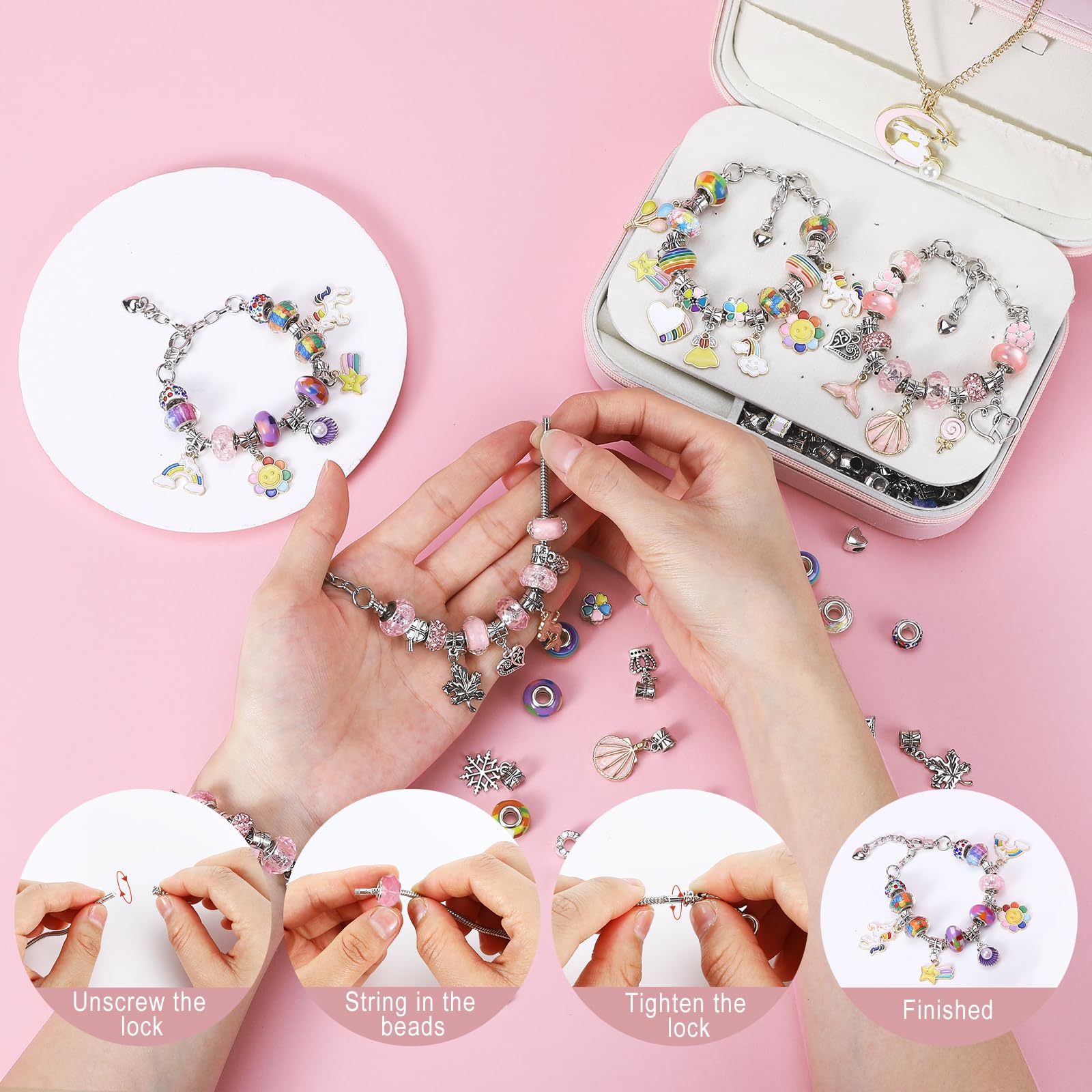Emibele Ragazze Perline Charm Kit Braccialetti Con Scatola Gioielli Portatile, Kit Creazione Gioielli Per Bambini Età 5 6 7 8-12, DIY Artigianato Giocattoli Per Ragazze Regalo Per Compleanno Natale