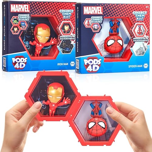 WOW! PODS 4D Marvel - Spiderman y Iron Man (paquete de 2) - Figura de acción única conectable y coleccionable, exhibición de paredestante, rellenos