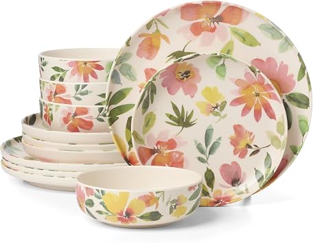 Oneida Dinnerware Sets, 24 Seven Melamine Floral 12-Piece Dinnerware Set, Service For 4, Dishes Set for 4, Floral, Melamine Dishwasher Safe Plates and Bowls Sets, Kitchen and Dining Ivory, 12 Piece