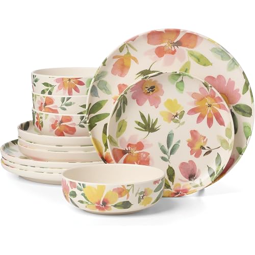 Oneida 24 Seven Melamine Collection, Dishwasher Safe Melamine Dinnerware and Drinkware, Floral Pattern, Dinnerware Set, 12-Piece