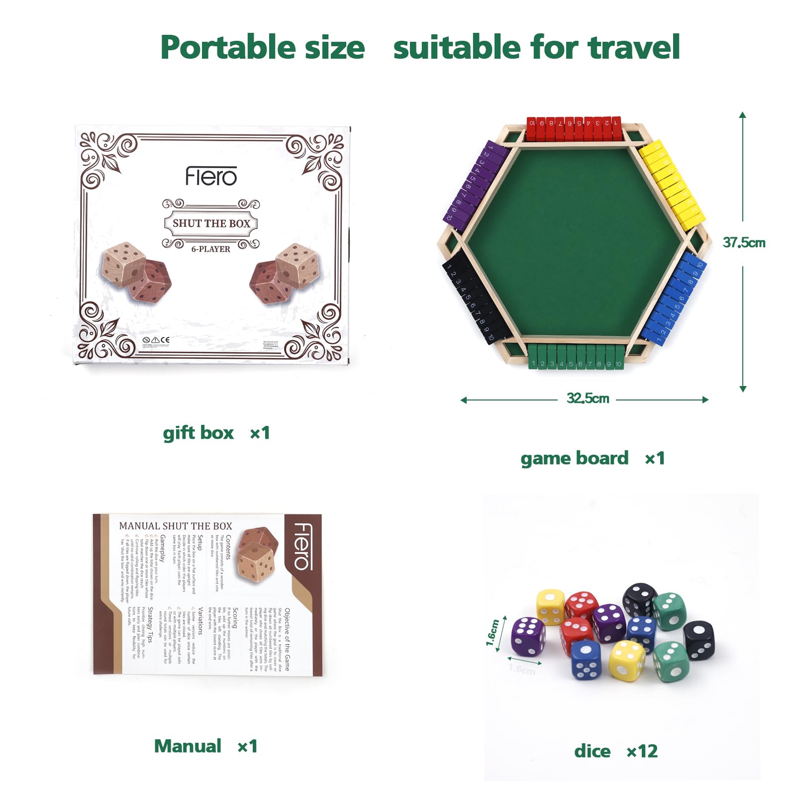 Flero Shut The Box - Set di dadi a 6 giocatori, tattica e gioco di calcolo (multicolore)