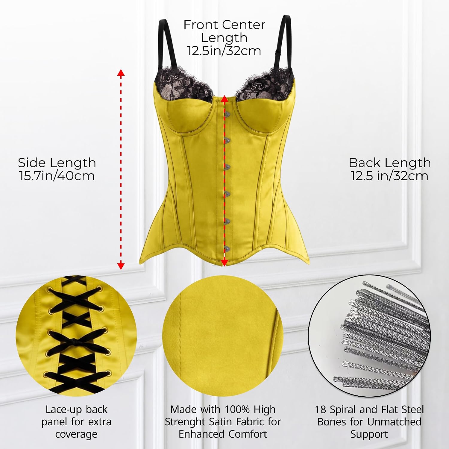 WS Waist Secrets Perfect Overbust Satin Corset Top Lingerie for Women, 18 Boned Bustier with Adjustable Lace Up Back