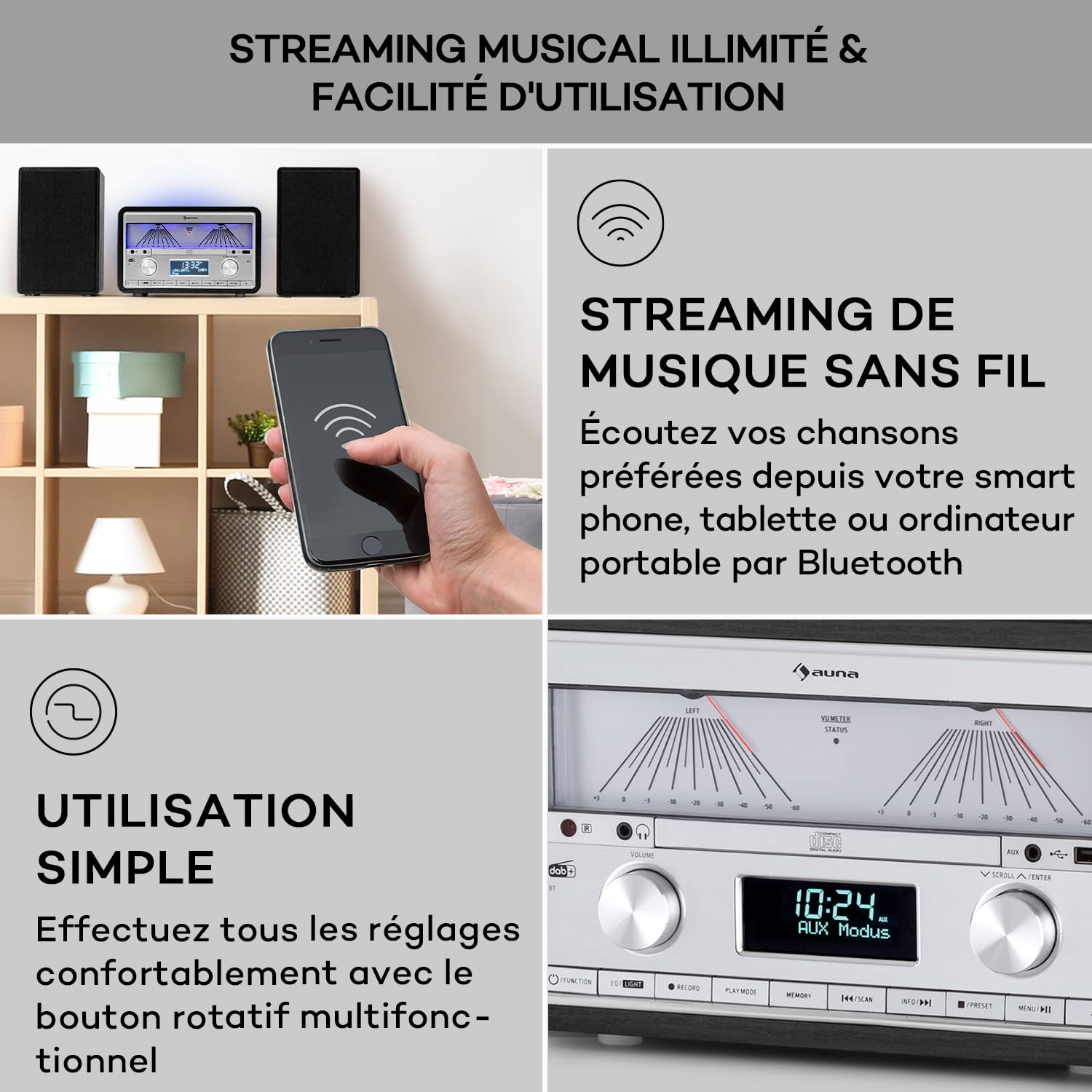 Auna Radio Portable Bluetooth, Poste Radio Numérique Dab/Dab+/FM/Streaming, Puissante de 25W avec Hauts-parleurs Stéréo Détachables, Écran LCD, Télécommande, MP3, Port USB, Alimentation Secteur