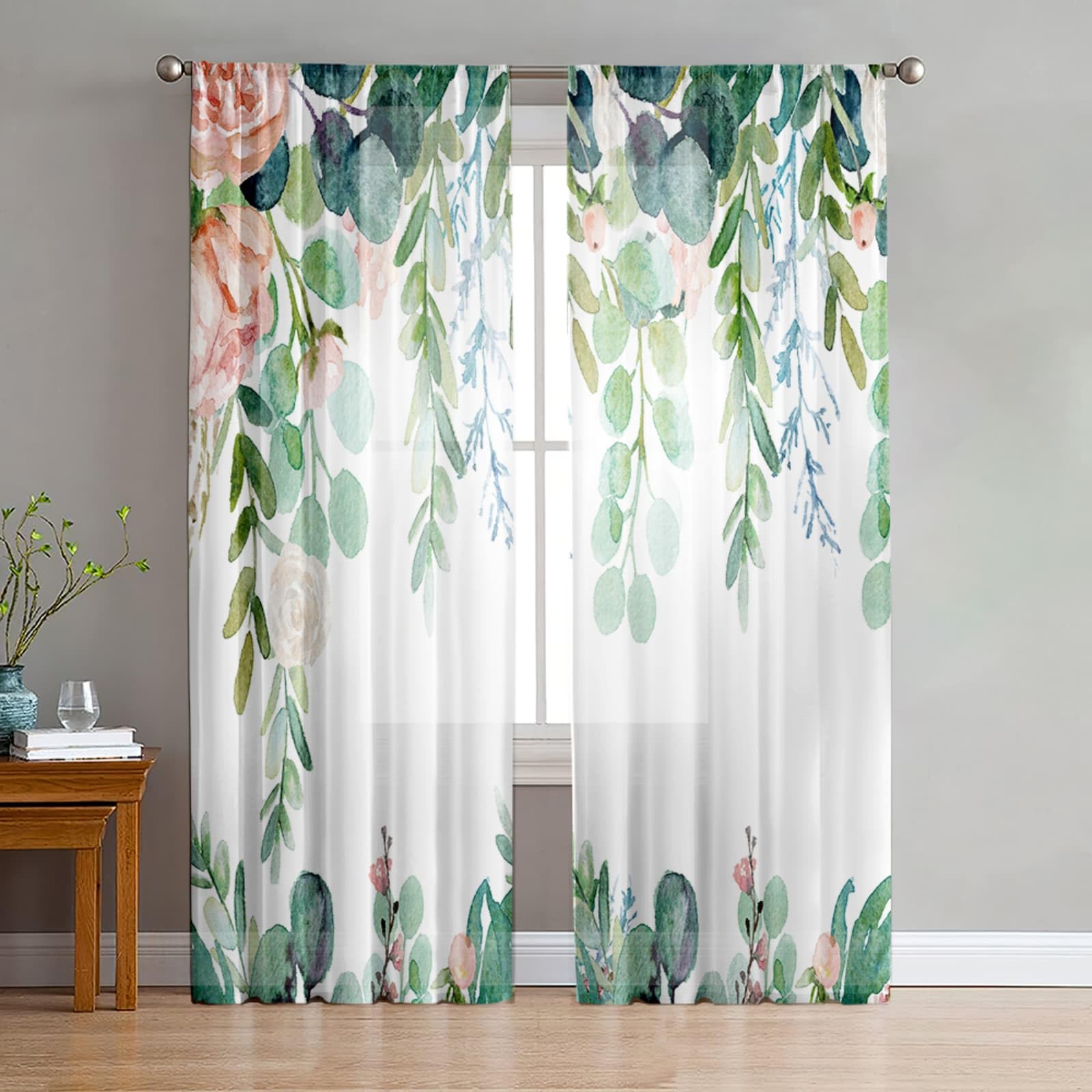 Odot Voile Net Curtains for Windows Living Room, 3D Leaf Pattern Rod Pocket Semi Sheer Curtains 2 Panels Light Filtering Translucent Tulle Voile Panel for Decorative (Pink Flower A,55x108in)