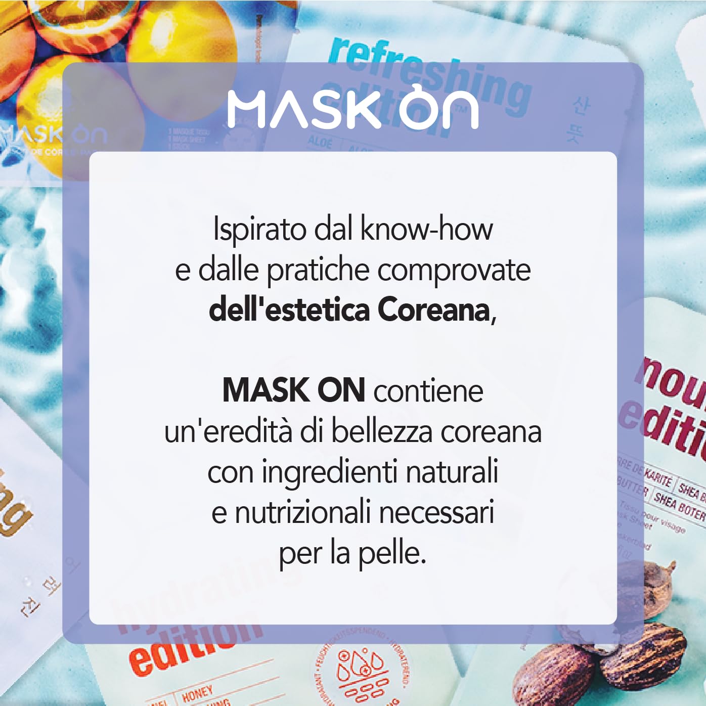 [MASK ON] Maschera viso coreana (20 PACK) - Idratante, Antietà, Lenitivo, Illuminante, Rassodante, Nutriente- Routine completa con ingredienti naturali