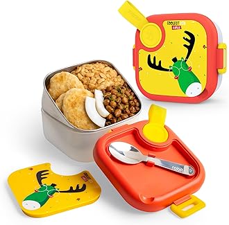 rabitat Lunchmate Mini Stainless Steel Lunch Box with Spoon | Airtight | Leakproof Snack Box/Tiffin Box for Kids/Toddlers/Infants to School/Picnic - 500 ML
