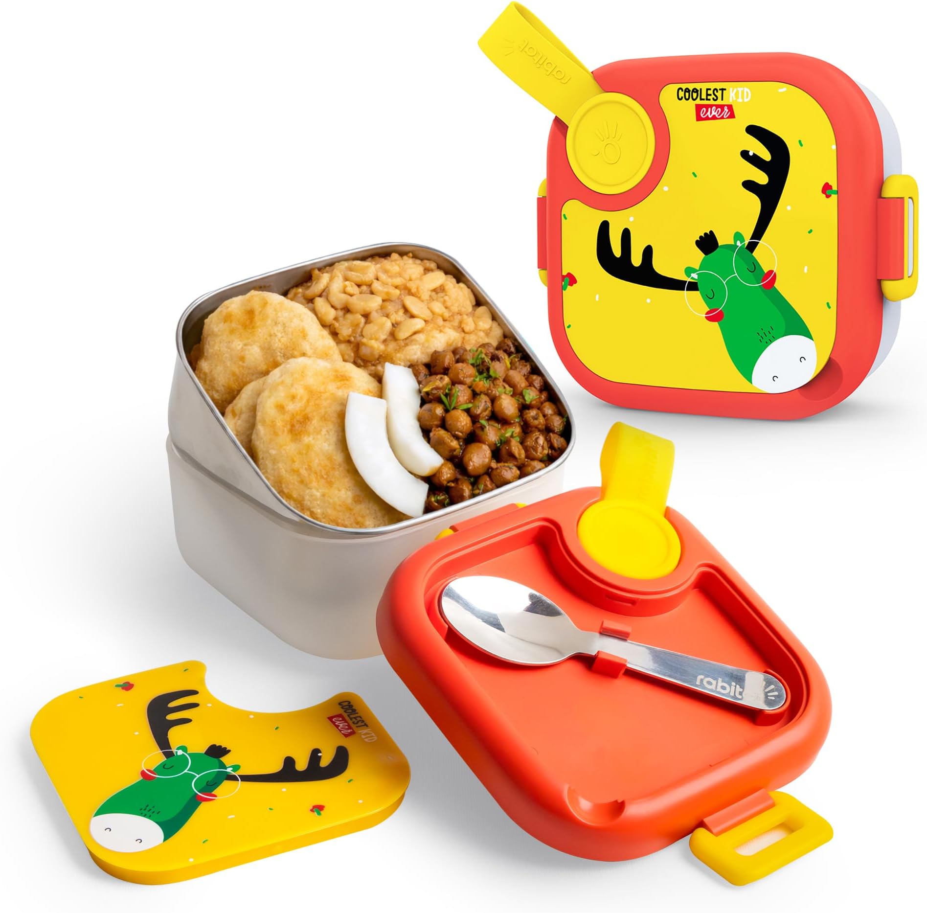 rabitat Lunchmate Mini Stainless Steel Lunch Box with Spoon | Airtight | Leakproof Snack Box/Tiffin Box for Kids/Toddlers/Infants to School/Picnic - 500 ML