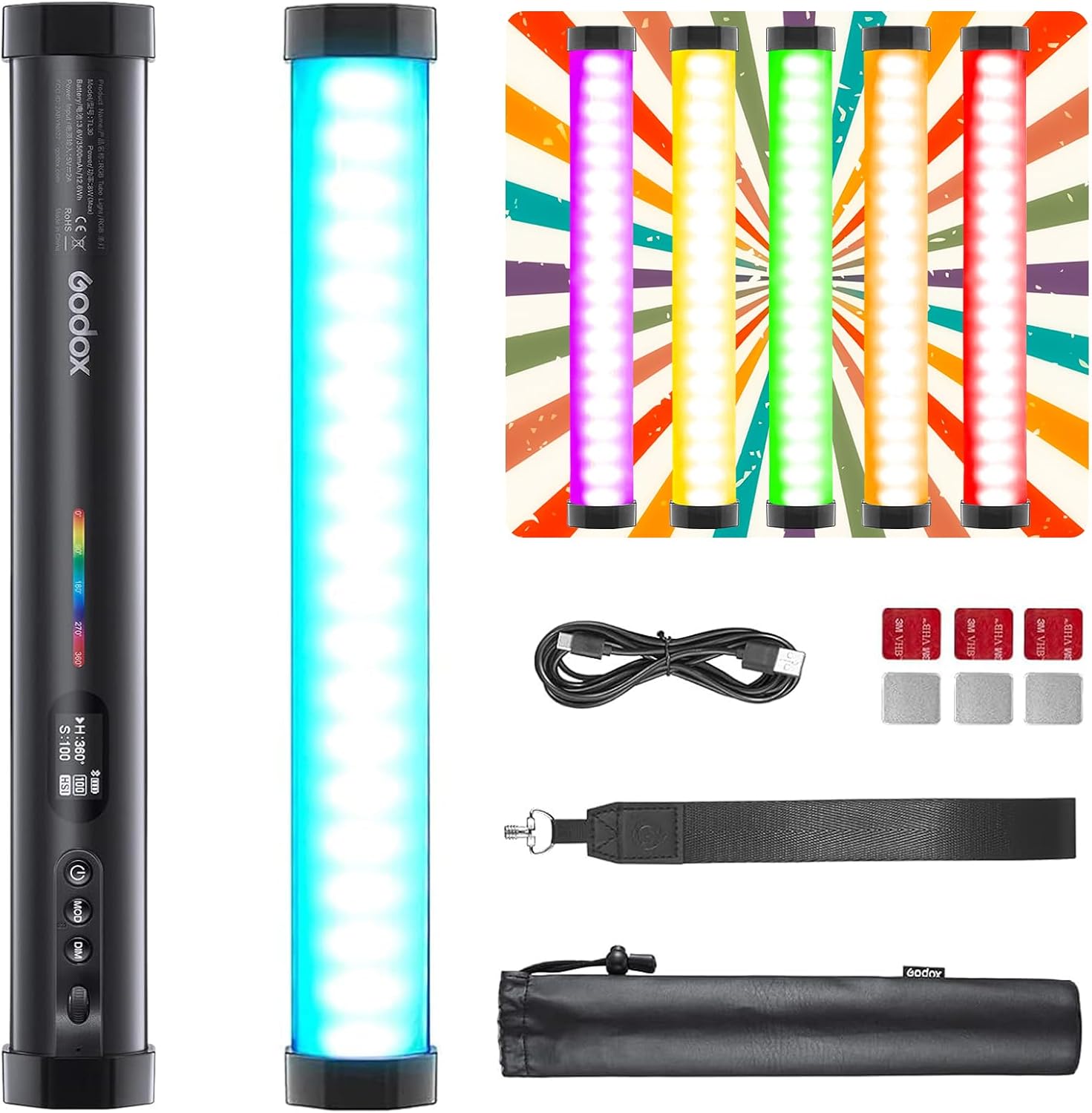 Godox TL30 LED Tube Light - 36000+ Colors, 2700K-6500K CCT, CRI 97+ TLCI 99+, Portable 0.3kg, Magnetic Mount, APP Control, Built-in Battery for Video Shooting, Live Streaming & Content Creation