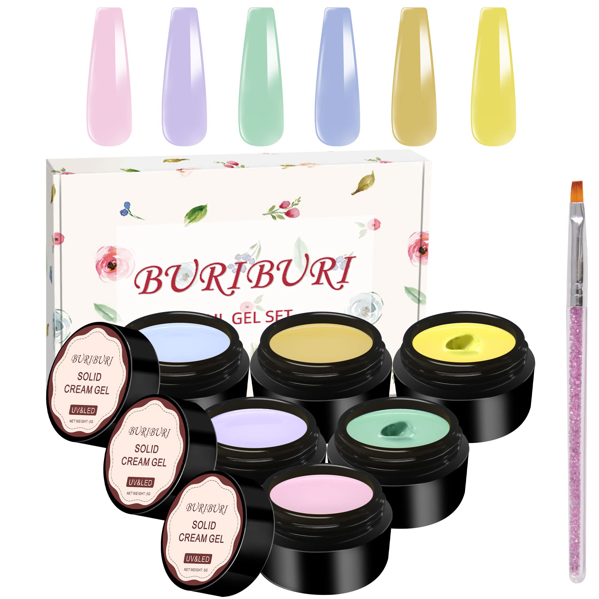 Solid Gel Nail Polish Set with Nail Brush, 6 Colors Cream Pudding UV Soak Off Gel Solid Mud Gel Polish Kit for Home Salon DIY Nail Art Manicure Design