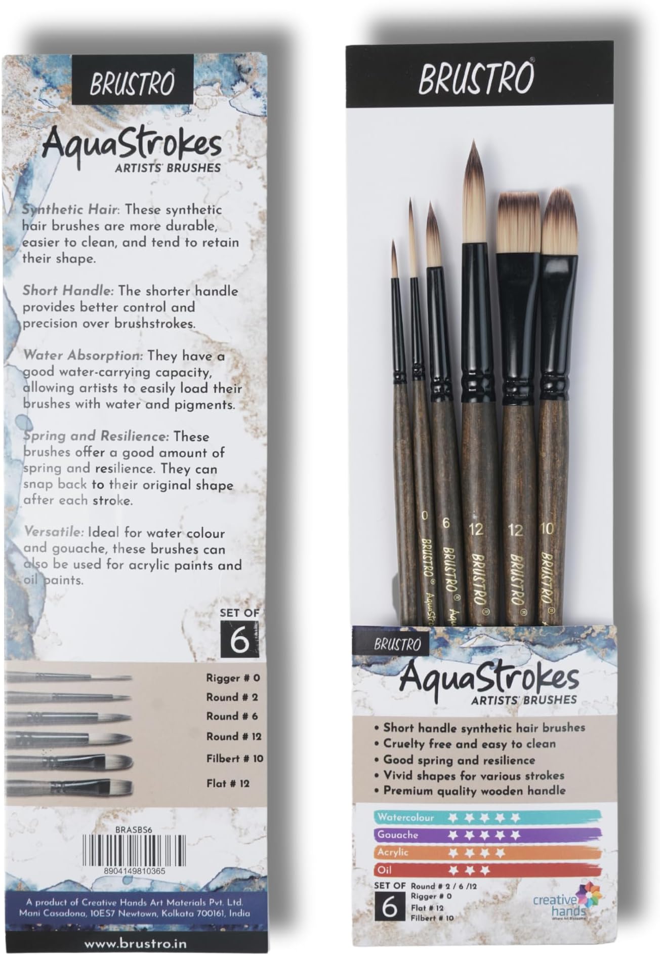 AquaStrokes Artist Brushes | Set of 6 | Ideal for Watercolour, Gouache, Acrylics, Oil Brush, Synthetic Bristles, Wooden Handle | Made for Students and Professionals Artists