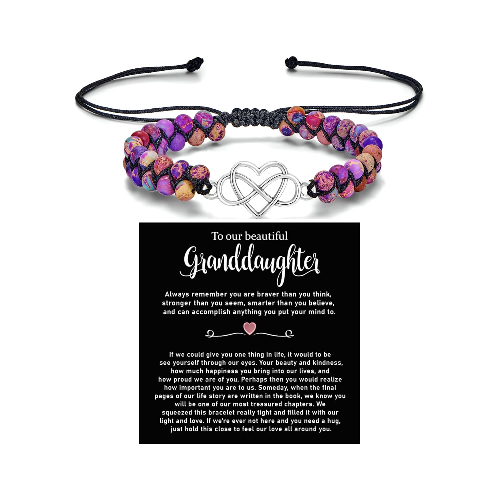 To My Granddaughter-Infinity Forever Love Heart Bracelet, Natural Emperor Stone Double Layer Purple Beaded Woven Wrap Bracelets Adjustable Mind Peace Gift Jewelry