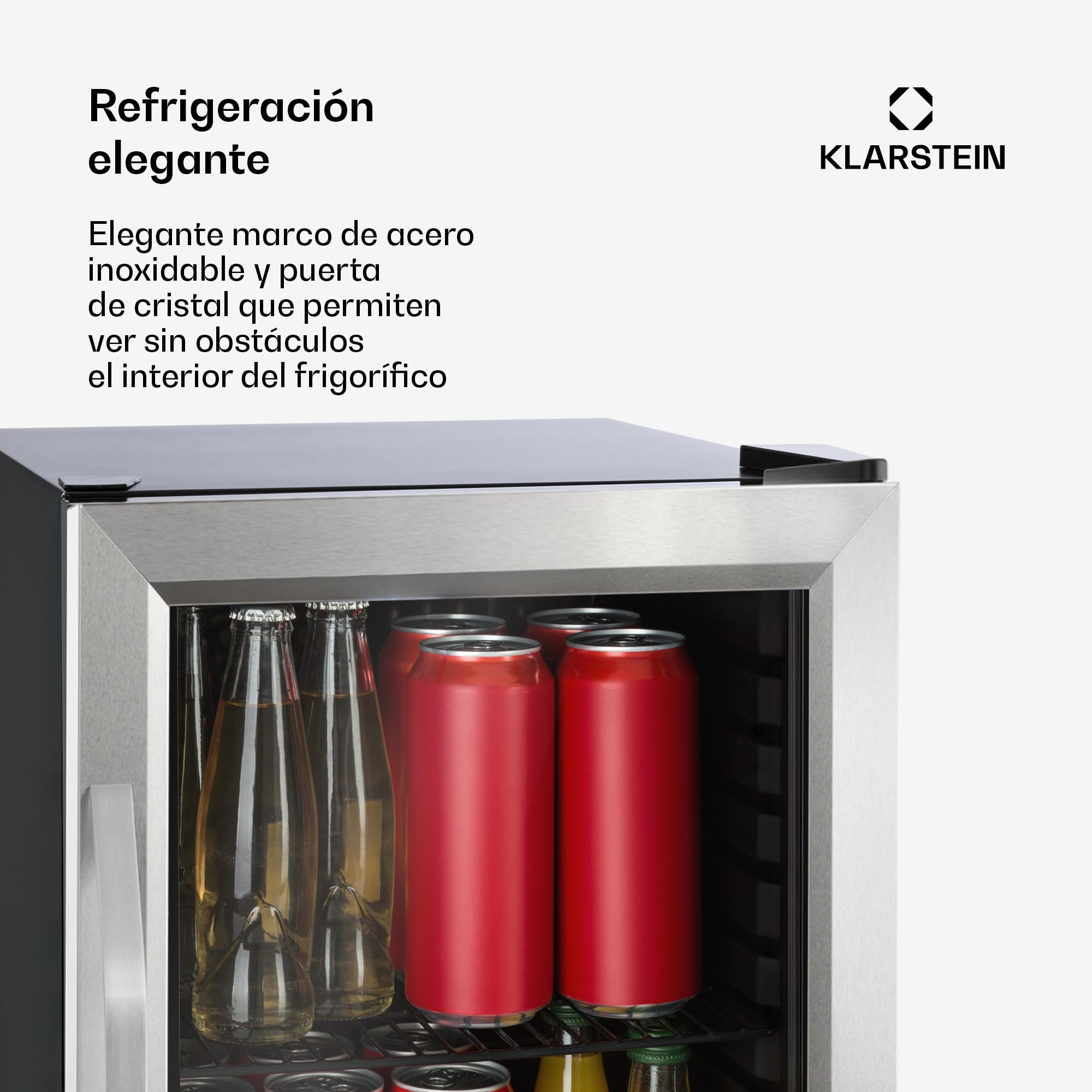 KLARSTEIN Minibar frigorífico para bebidas, Harlem, sistema de refrigeración por compresión, 23 L, 5 niveles de refrigeración: 0-10 °C, bajo nivel sonoro: 39 dB, 1 base de rejilla metálica, negro
