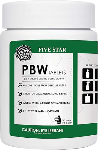 Five Star PBW Tablets - 0.09 oz (1 tableta por 32 oz de agua) 50 unidades - Botella, Growler, Limpiador de barriles