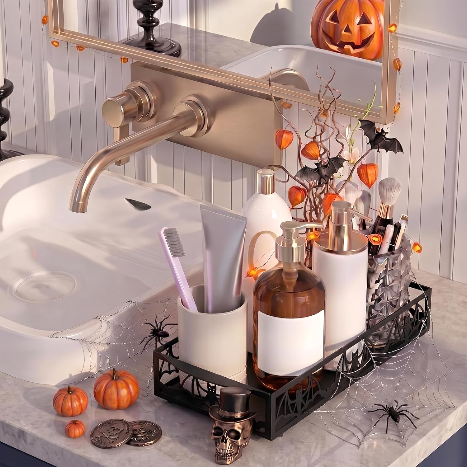 Mifoci Halloween Bat Toilet Paper Basket, 12.6'' Metal Toilet Tank Tray