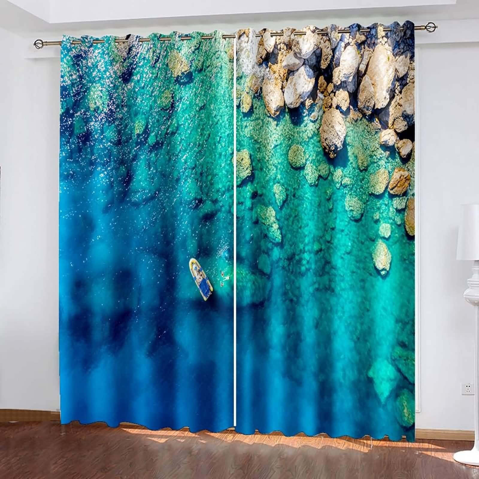 Vorhänge Schlafzimmer Modern, 86x115cm Blau Braun Meeresfelsen und Schiff Verdunklungsvorhänge mit Ösen