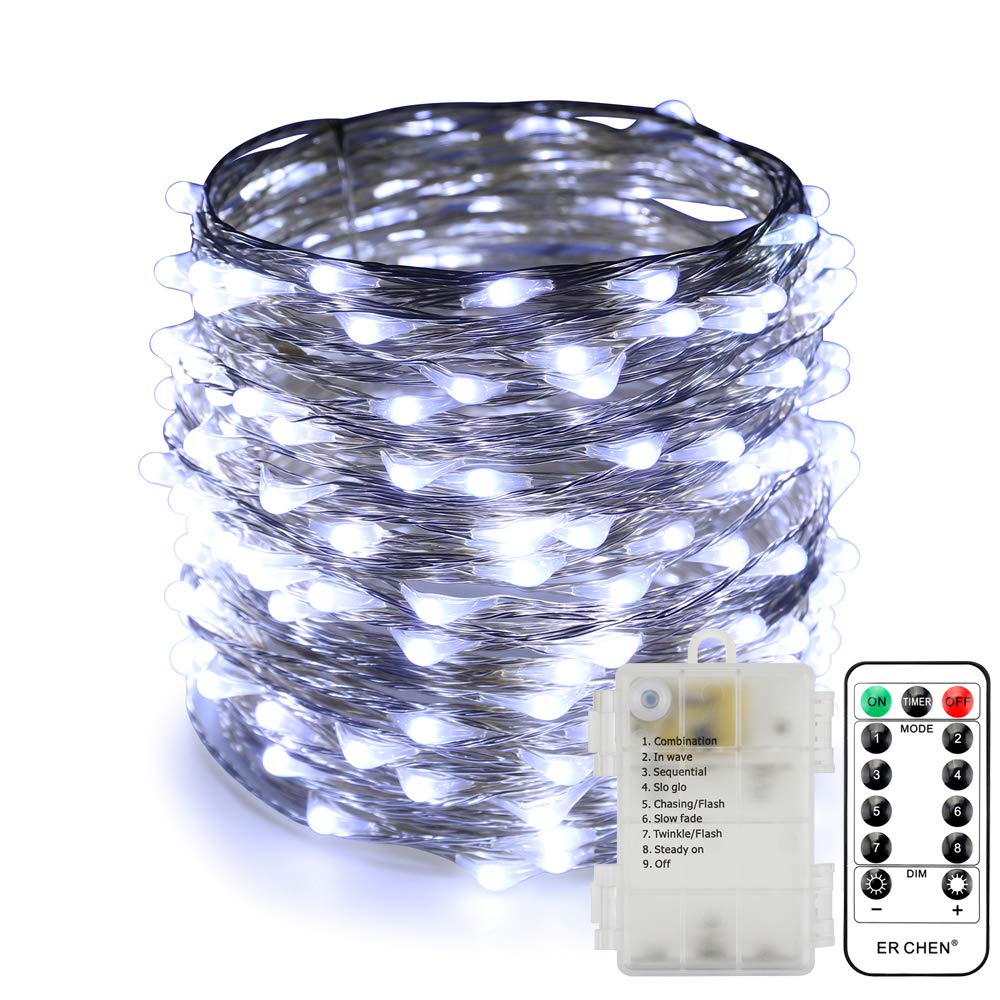 ER CHEN 8 Model Indoor and Outdoor Waterproof Battery Operated 200 LED String Lights on 66 Ft Long Ultra Thin Silver Coating Copper Wire Lights with 13 Key Remote Control(White)