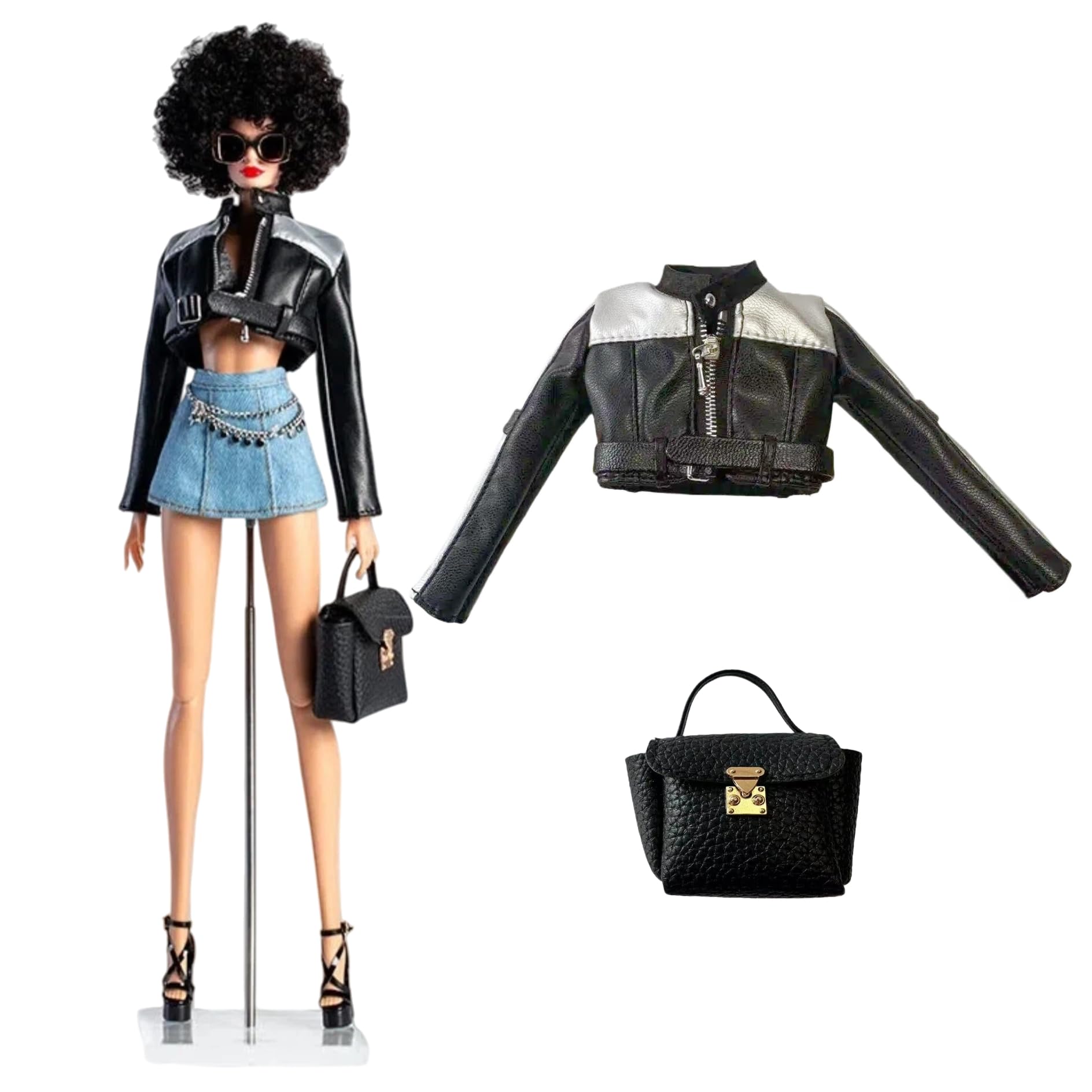 Fashion Doll Outfit Set, Color-Blocked Black and Silver Leather Jacket with Handbag, for 11.5-12 Inch Dolls, 1/6 Scale BJD Accessories