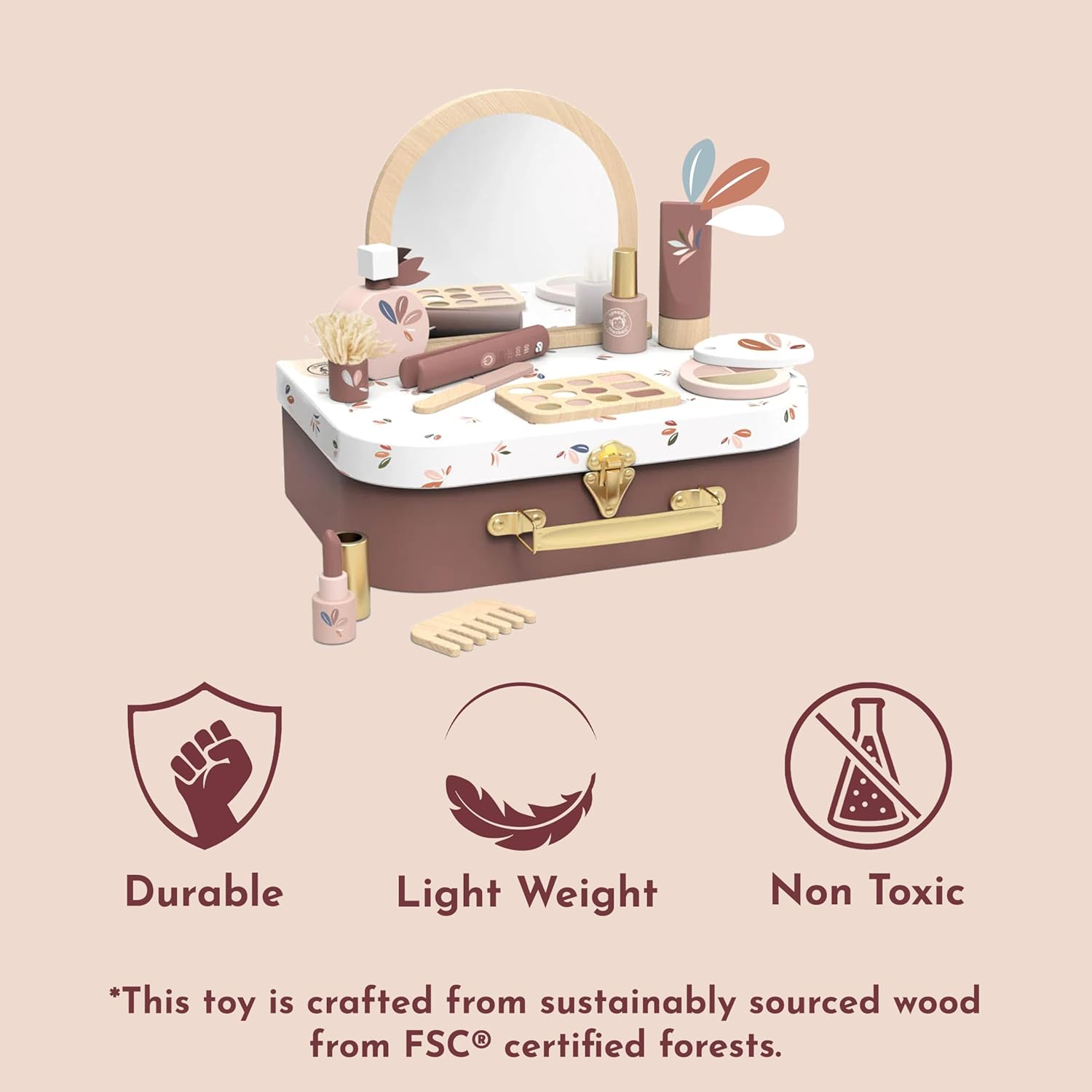 SPEEDY MONKEY Beauty Suitcase for Toddlers 36m+ | Wooden Pretend Play Makeup Kit with 12 Accessories | Kids Imaginative Play Vanity Toy Set | Fake Cosmetics Playset & Roleplay Gift for Girls
