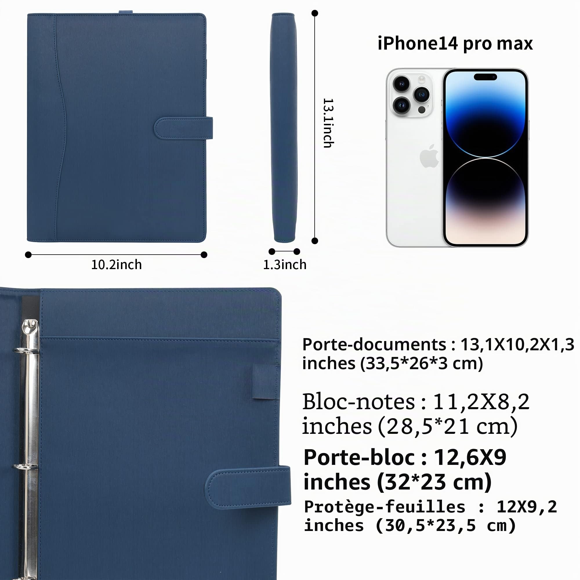 Wonderpool Porte-documents en Cuir A4 Padfolio Anneaux Planchettes à pince Classeur Ramovible avec Portebloc Notes et Organiseur Multi-poches pour Bureau Conférence Réunion et Travail (Bleu foncé)