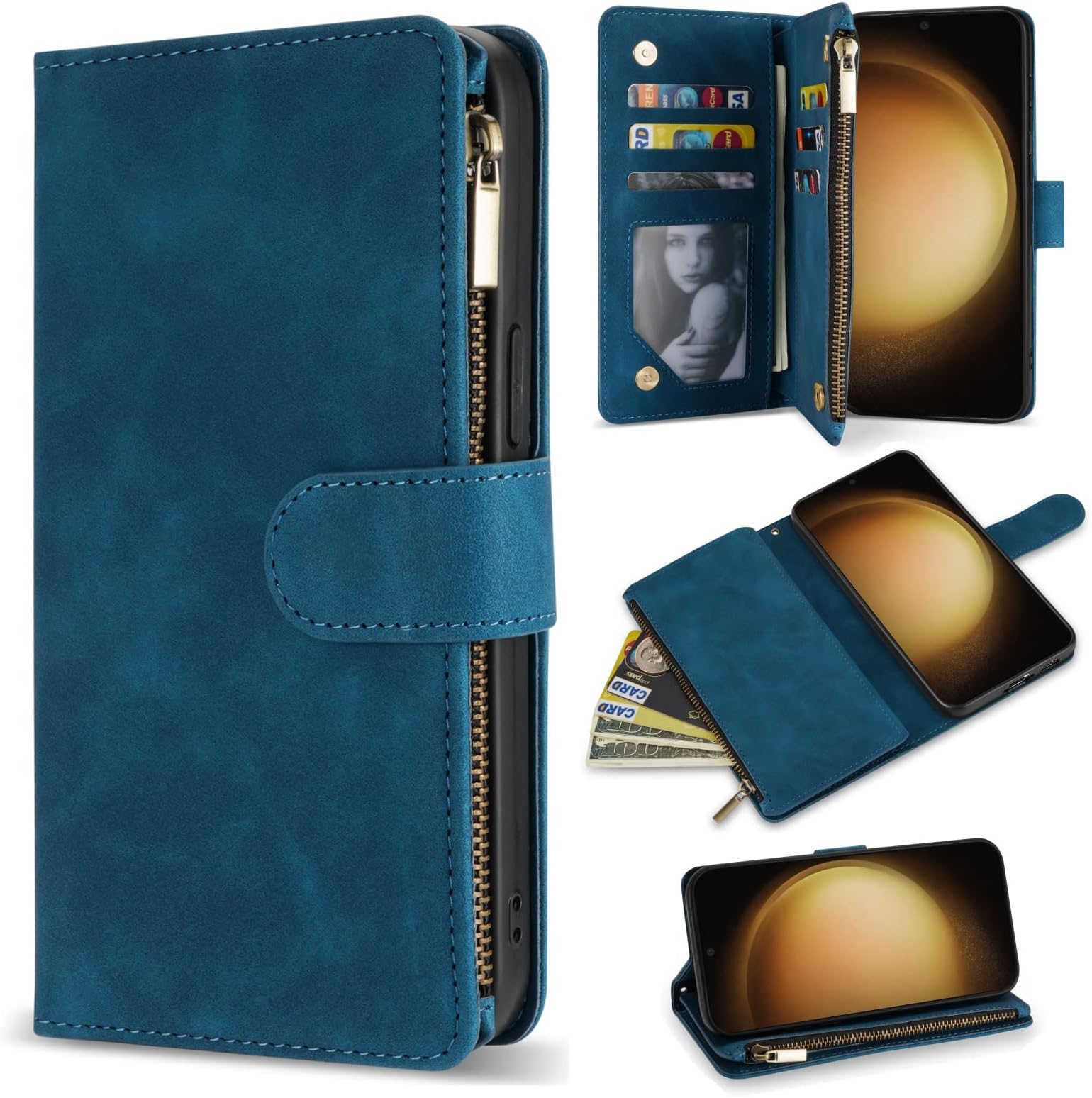 ZZXX for Samsung Galaxy S23 Wallet Case with RFID Blocking Card Slot PU Leather Zipper Flip Folio with Strap Kickstand Protective Cover for Samsung Galaxy S23 Case Wallet(Blue-6.1 inch)