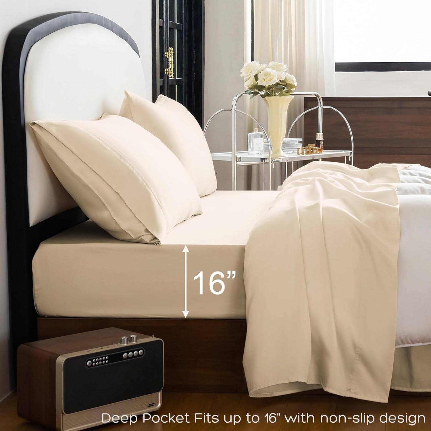 Tencel Lyocell 4 Pieces Queen Sheet Set, Silky Soft, Cooling & Wrinkle-Free - Oeko-TEX Certified - Deep Pocket Fits 16" Mattress, Beige