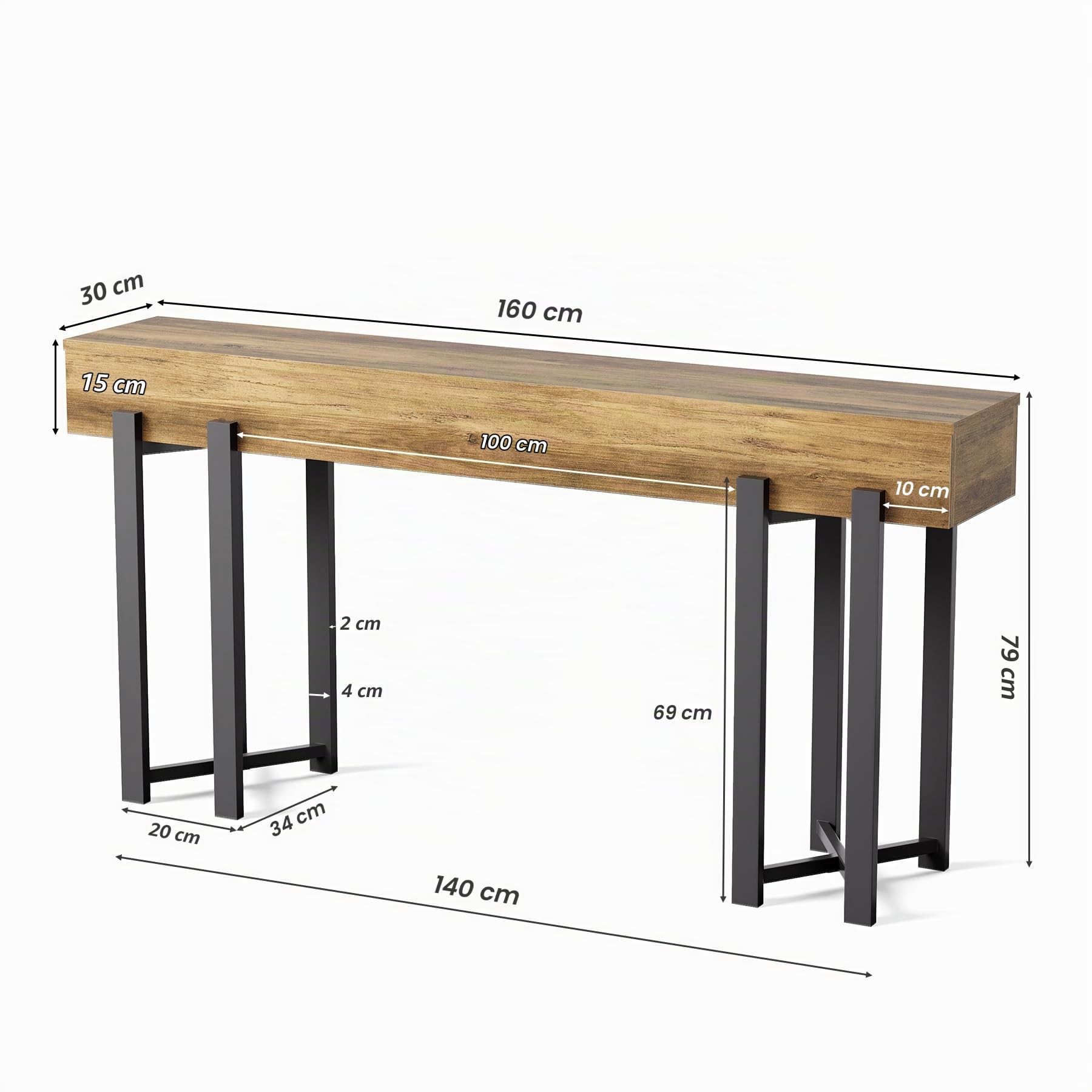 Tribesigns Mesa consola estrecha de 160 cm en estilo rústico, ahorra espacio para pasillo, pasillo y salón, como mesa de centro detrás del sofá o escritorio de oficina en casa con estructura de metal