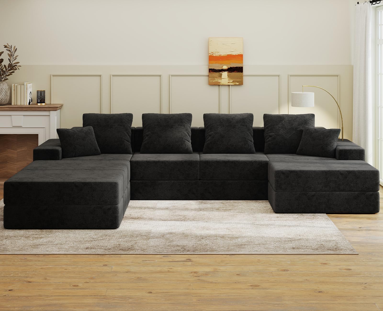 Living&Giving（WALKBON） Living&Giving 128" U-Shaped Cloud Sectional Couch for Living Room, Cloud Boneless Couch-No Assembly with Reversible Chaise, Customizable 4-Seat Modular Sectional Sofa with 3 Ottoman, Black