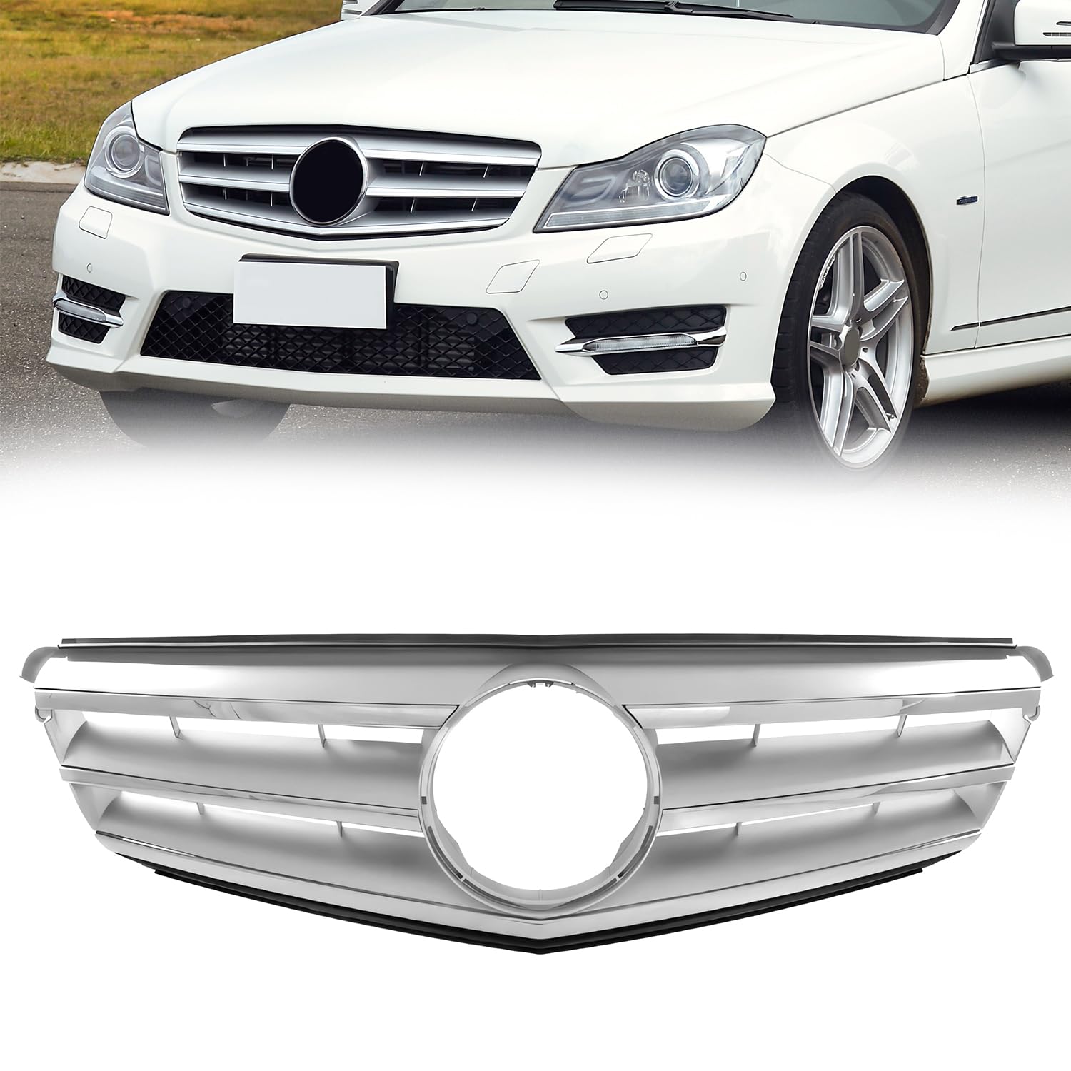 KARPAL CL Front Grille Compatible with 2008-2014 Mercedes Benz W204 C-Class C250 C300 C350 Silver