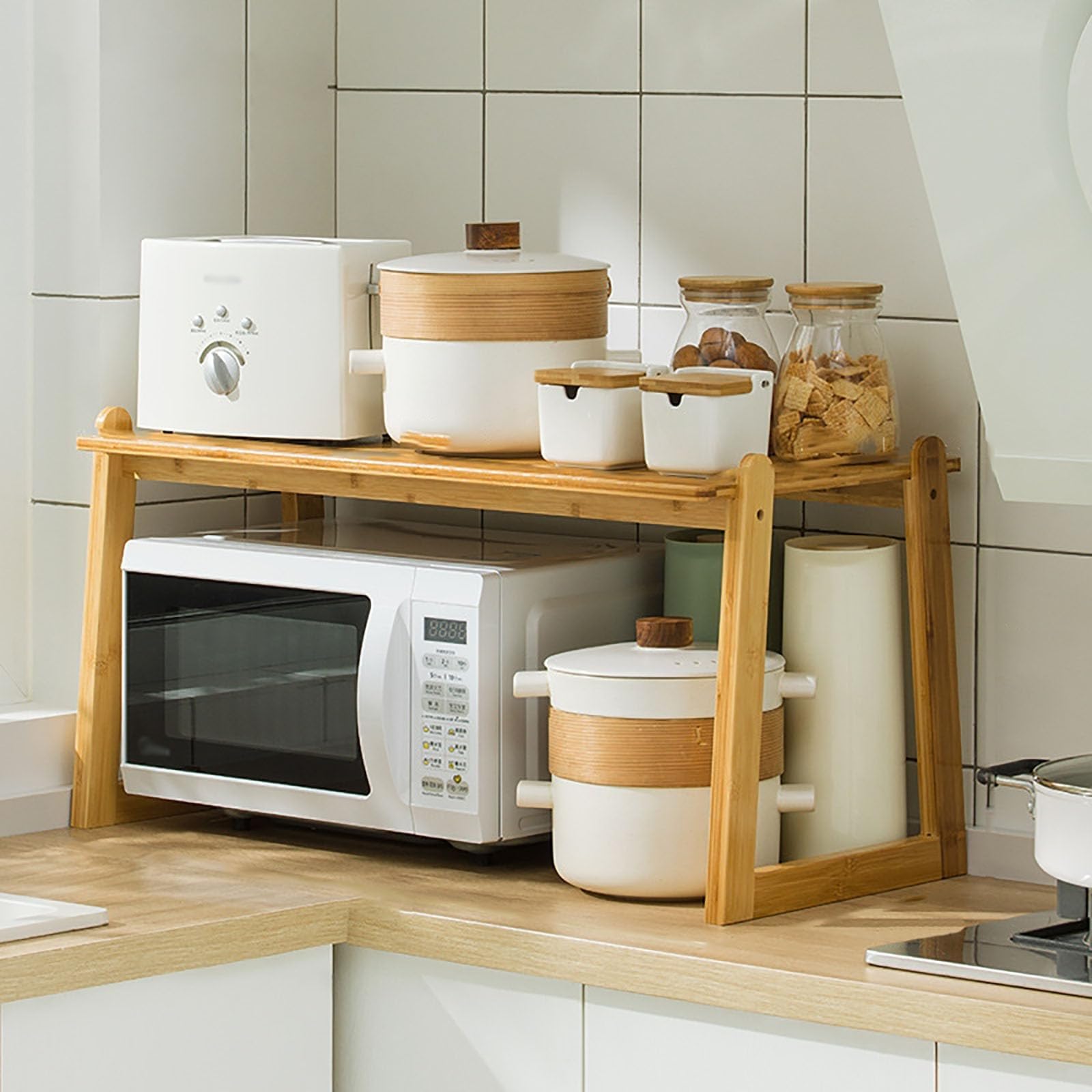 Scolapiatti in bambù per microonde, robusto piano di lavoro per cabi e sala da pranzo, in legno naturale, altezza 80 cm, design salvaspazio