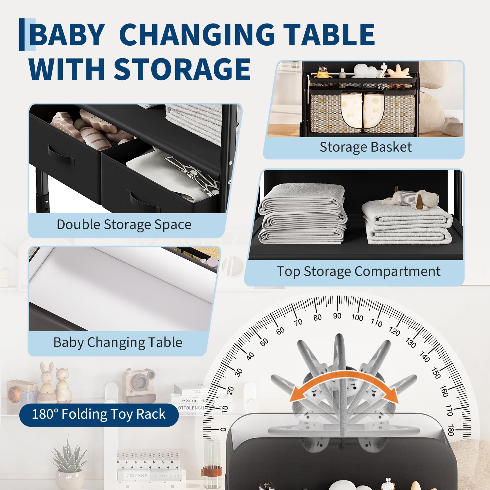 Table à Langer Pliable Bébé Avec 2 Tiroirs, Hauteur Réglable, Matelas Imperméable, Rangement Nurserie, Tringle à Vêtements Et 4 Roulettes Verrouillables, Noir